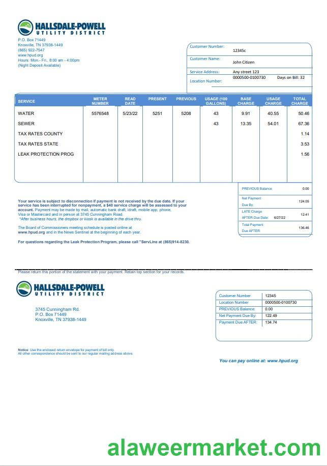 USA Hallsdale-Powell utility bill template in Word and PDF format